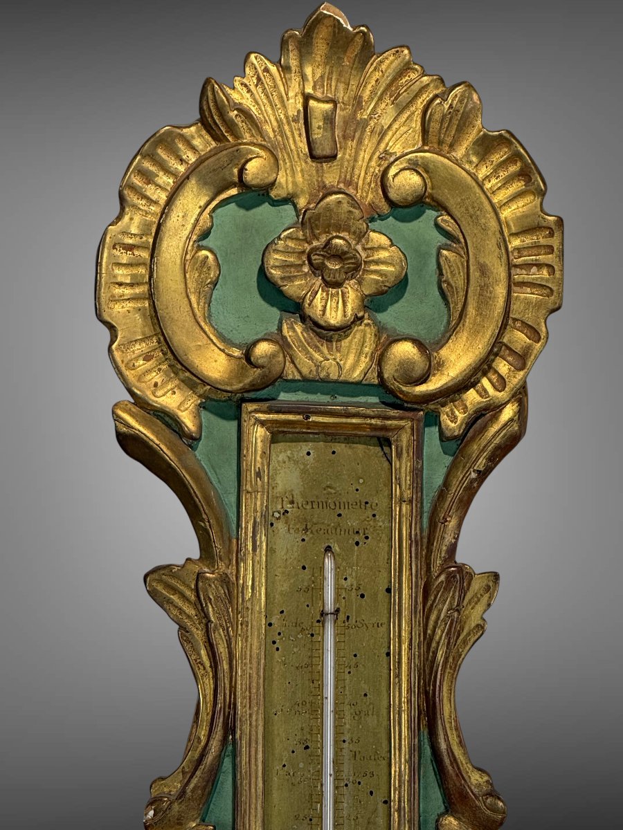 18th Century Barometer Louis XVI In Golden And Green Laqued Wood Signed Pargilard-photo-3