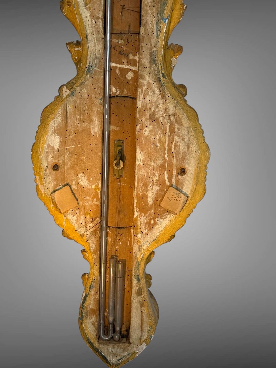 18th Century Barometer Louis XVI In Golden And Green Laqued Wood Signed Pargilard-photo-5
