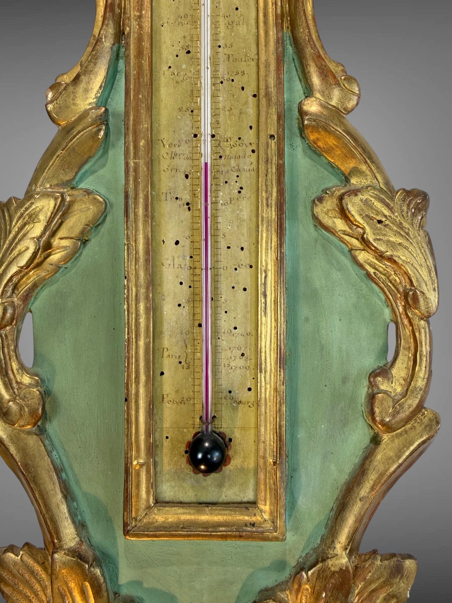 18th Century Barometer Louis XVI In Golden And Green Laqued Wood Signed Pargilard-photo-6
