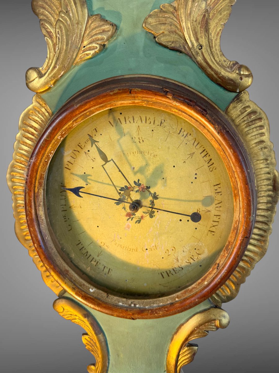 18th Century Barometer Louis XVI In Golden And Green Laqued Wood Signed Pargilard-photo-7