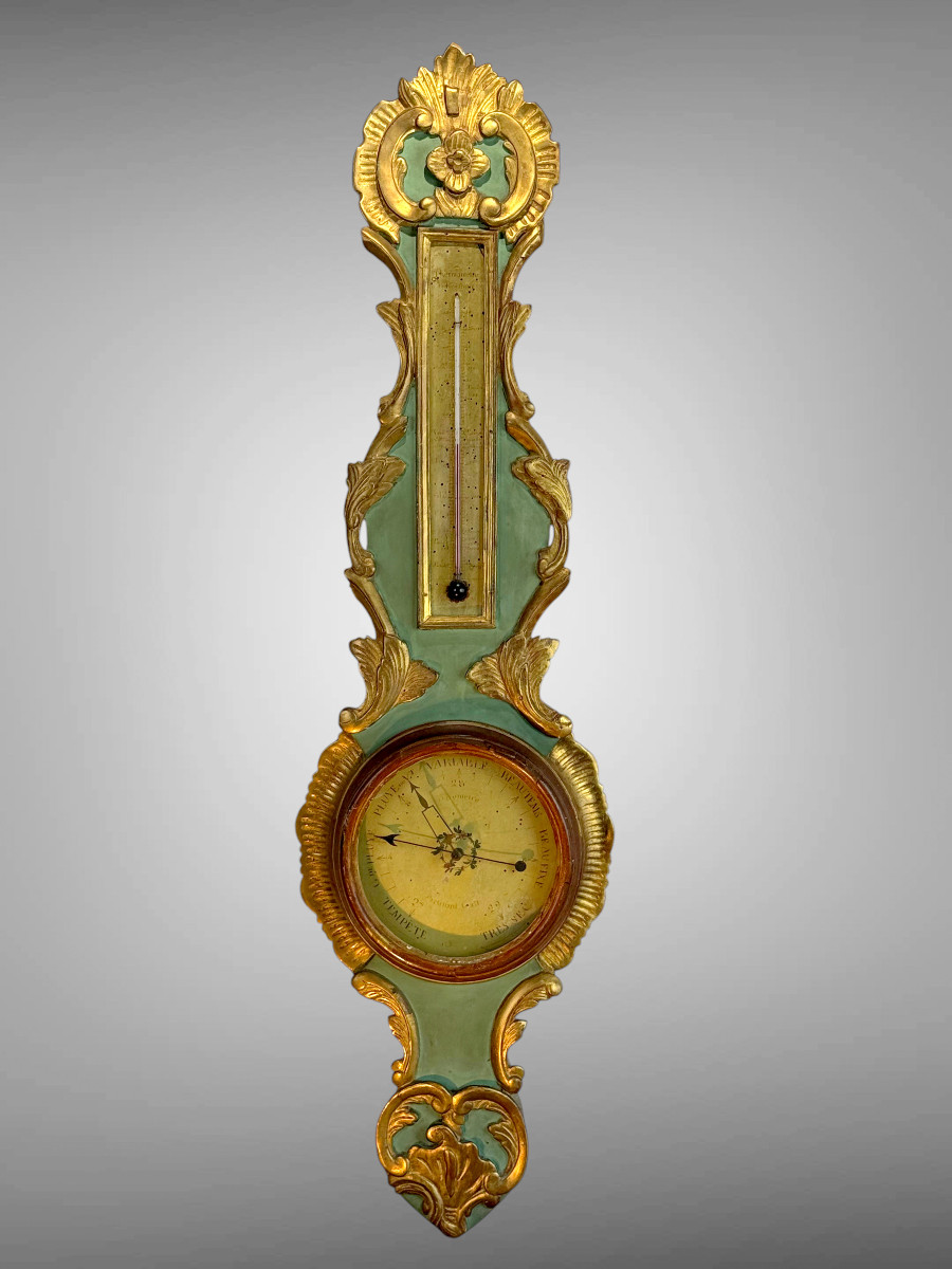 18th Century Barometer Louis XVI In Golden And Green Laqued Wood Signed Pargilard