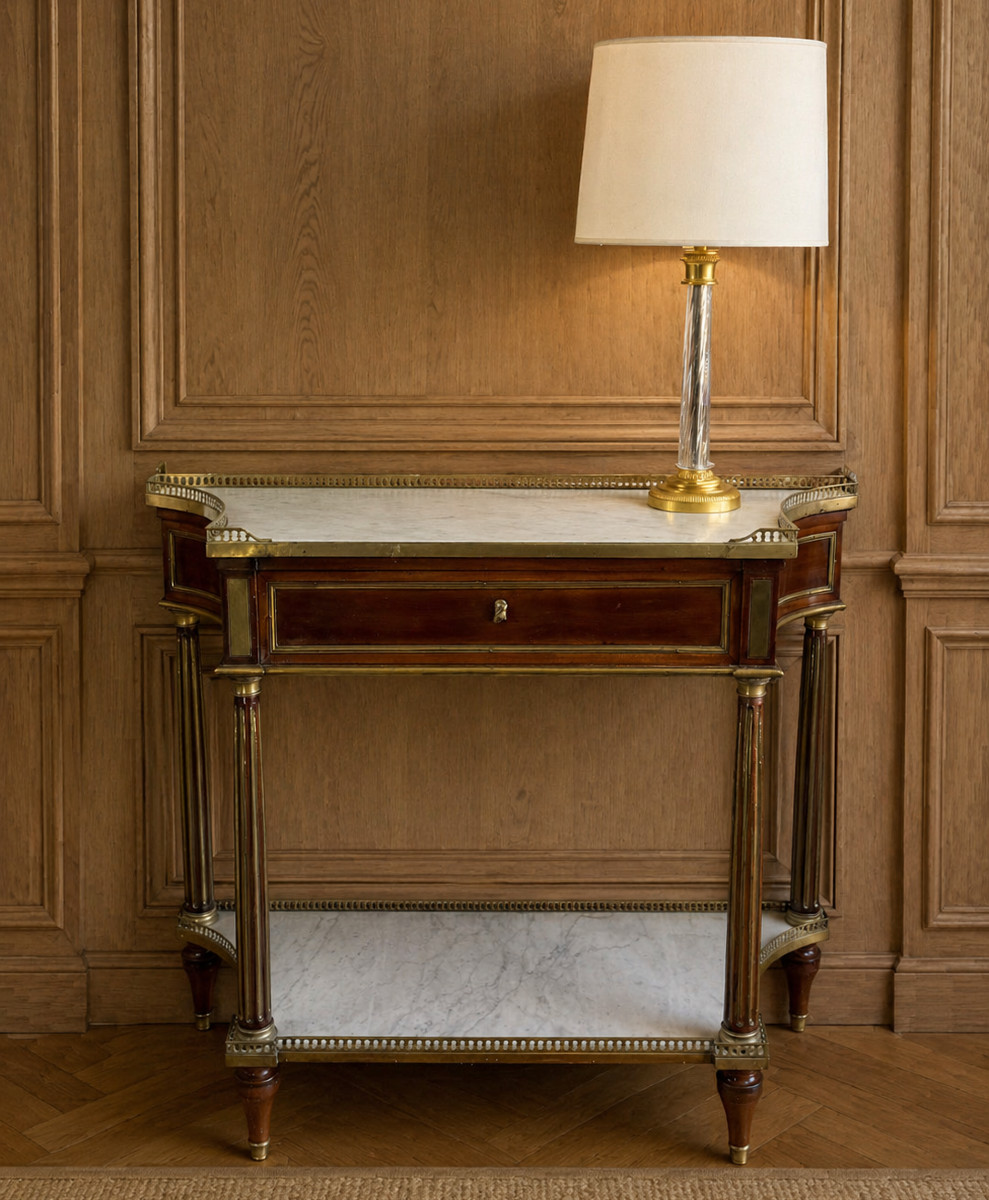 CONSOLE EPOQUE LOUIS XVI EN ACAJOU AVEC DESSUS MARBRE BLANC ET TIROIR CENTRAL-photo-2