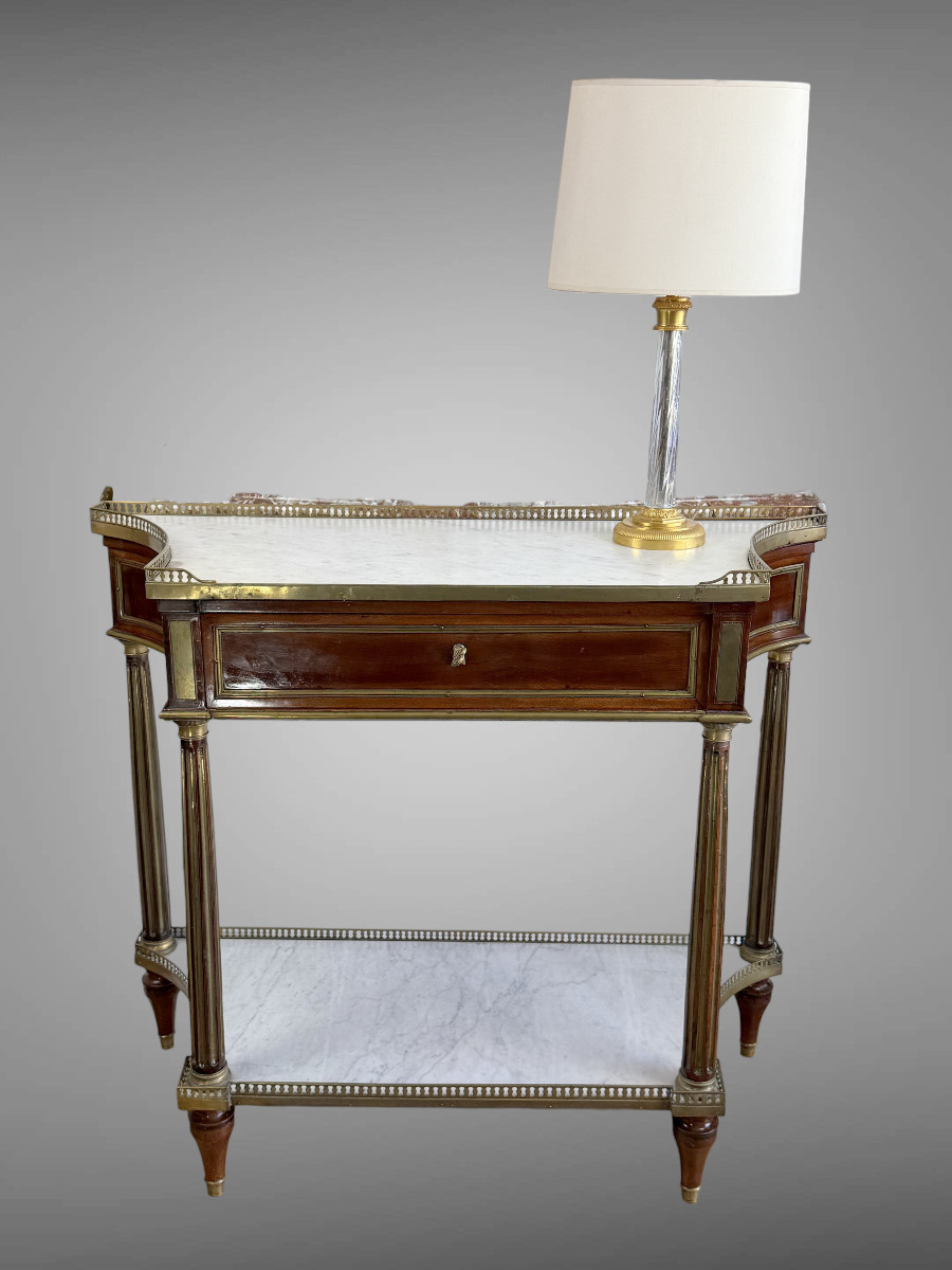 CONSOLE EPOQUE LOUIS XVI EN ACAJOU AVEC DESSUS MARBRE BLANC ET TIROIR CENTRAL-photo-3