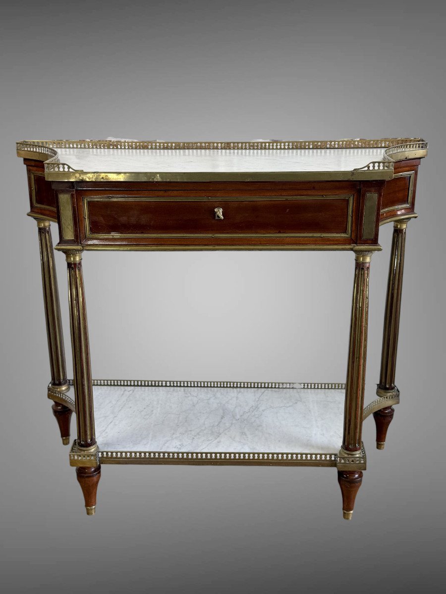 CONSOLE EPOQUE LOUIS XVI EN ACAJOU AVEC DESSUS MARBRE BLANC ET TIROIR CENTRAL-photo-4