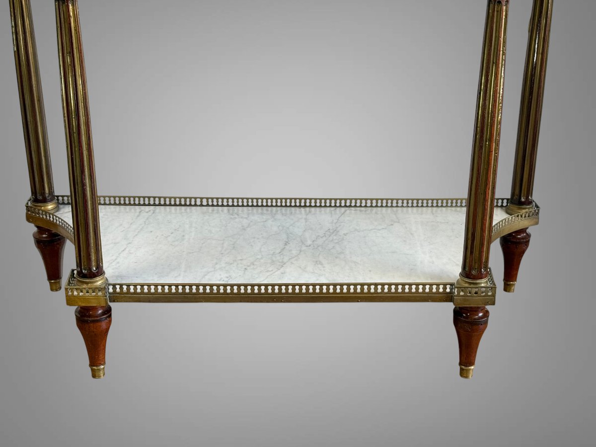 CONSOLE EPOQUE LOUIS XVI EN ACAJOU AVEC DESSUS MARBRE BLANC ET TIROIR CENTRAL-photo-1