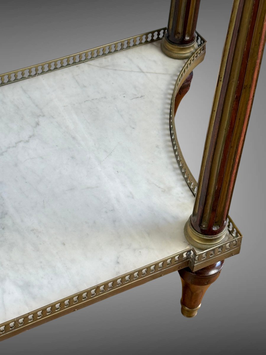 CONSOLE EPOQUE LOUIS XVI EN ACAJOU AVEC DESSUS MARBRE BLANC ET TIROIR CENTRAL-photo-3