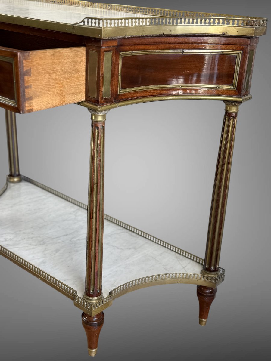 CONSOLE EPOQUE LOUIS XVI EN ACAJOU AVEC DESSUS MARBRE BLANC ET TIROIR CENTRAL-photo-5
