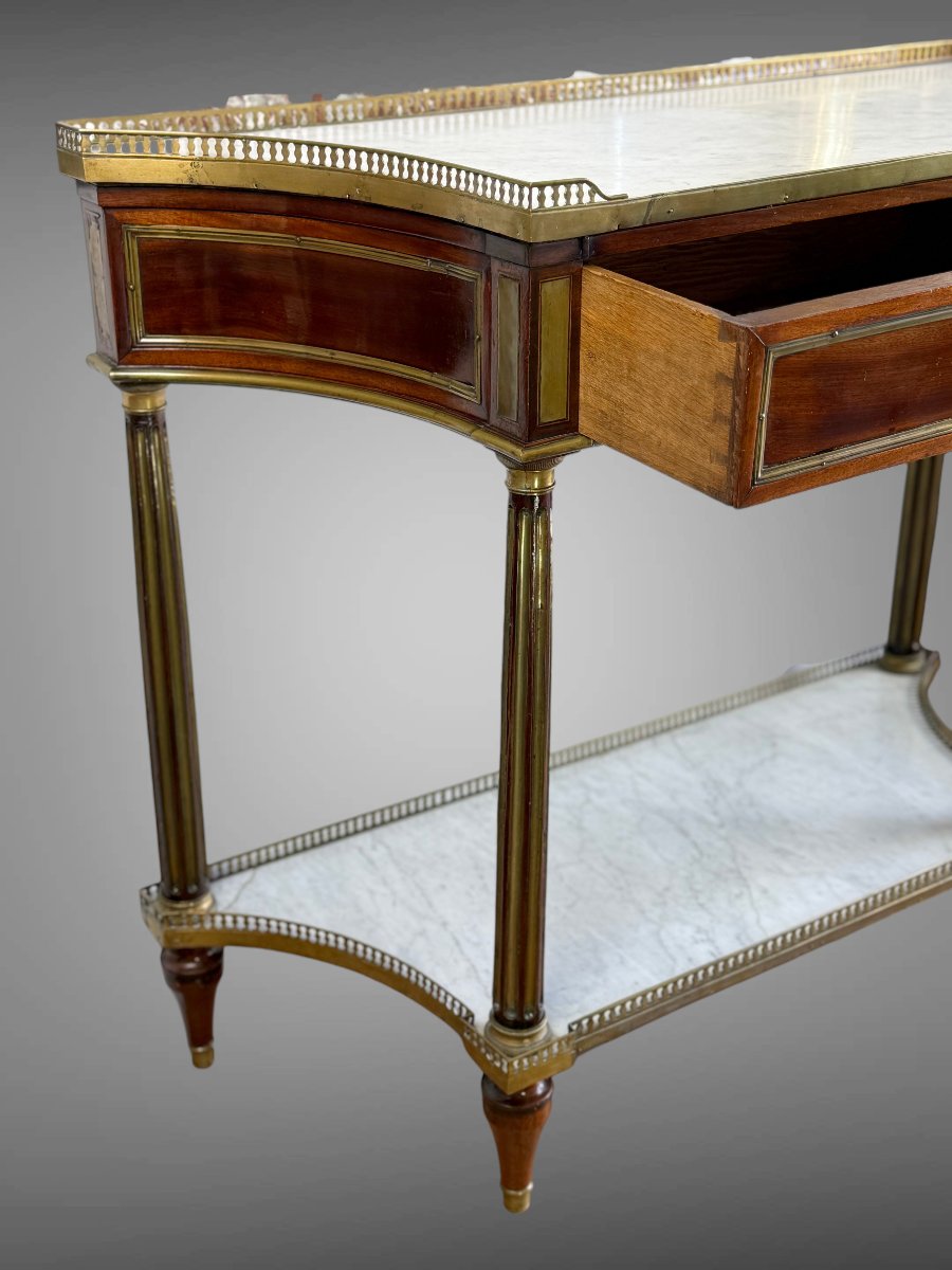 CONSOLE EPOQUE LOUIS XVI EN ACAJOU AVEC DESSUS MARBRE BLANC ET TIROIR CENTRAL-photo-6