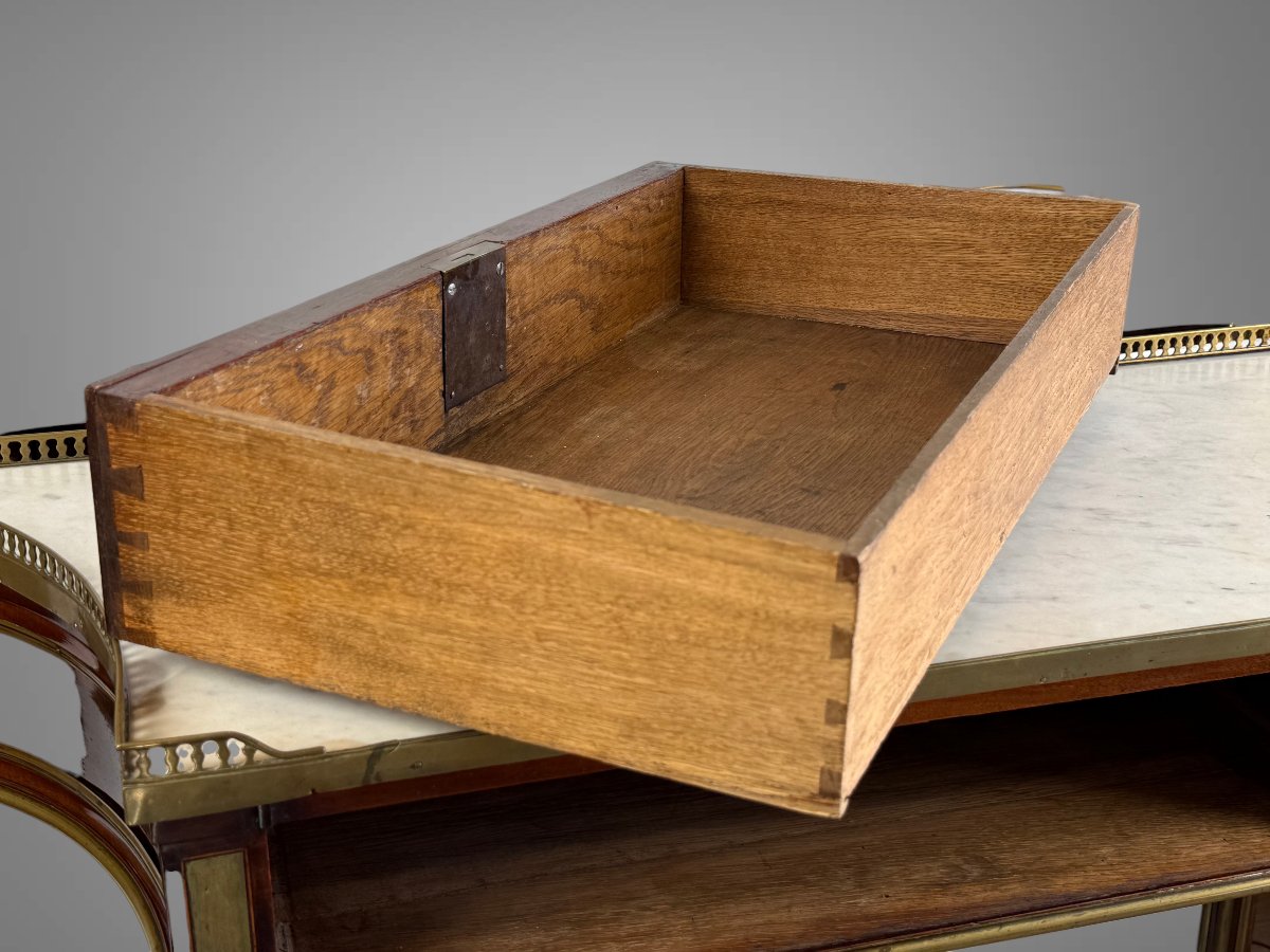 CONSOLE EPOQUE LOUIS XVI EN ACAJOU AVEC DESSUS MARBRE BLANC ET TIROIR CENTRAL-photo-7