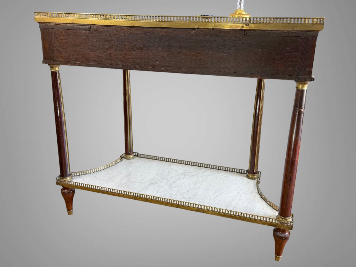 CONSOLE EPOQUE LOUIS XVI EN ACAJOU AVEC DESSUS MARBRE BLANC ET TIROIR CENTRAL-photo-8
