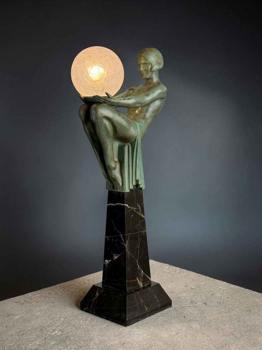 LAMPE ART DÉCO MAX LE VERRIER " ÉNIGME " SIGNÉ ET CACHET ( FEMME ASSISE )-photo-5