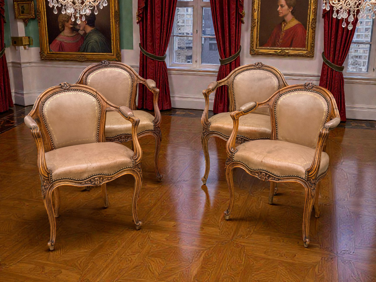 Suite Of 4 Louis XV Style Carved Walnut Armchairs Upholstered In Leather-photo-2