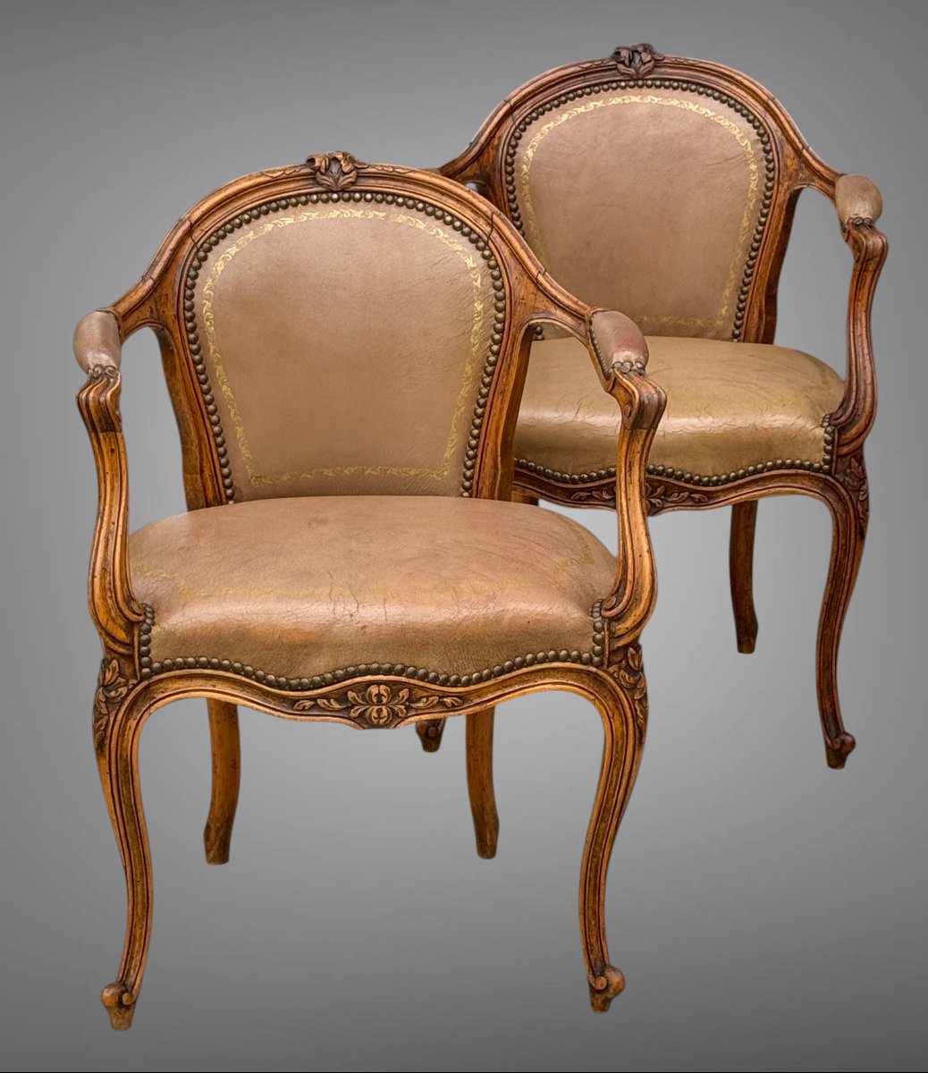 Suite Of 4 Louis XV Style Carved Walnut Armchairs Upholstered In Leather-photo-1