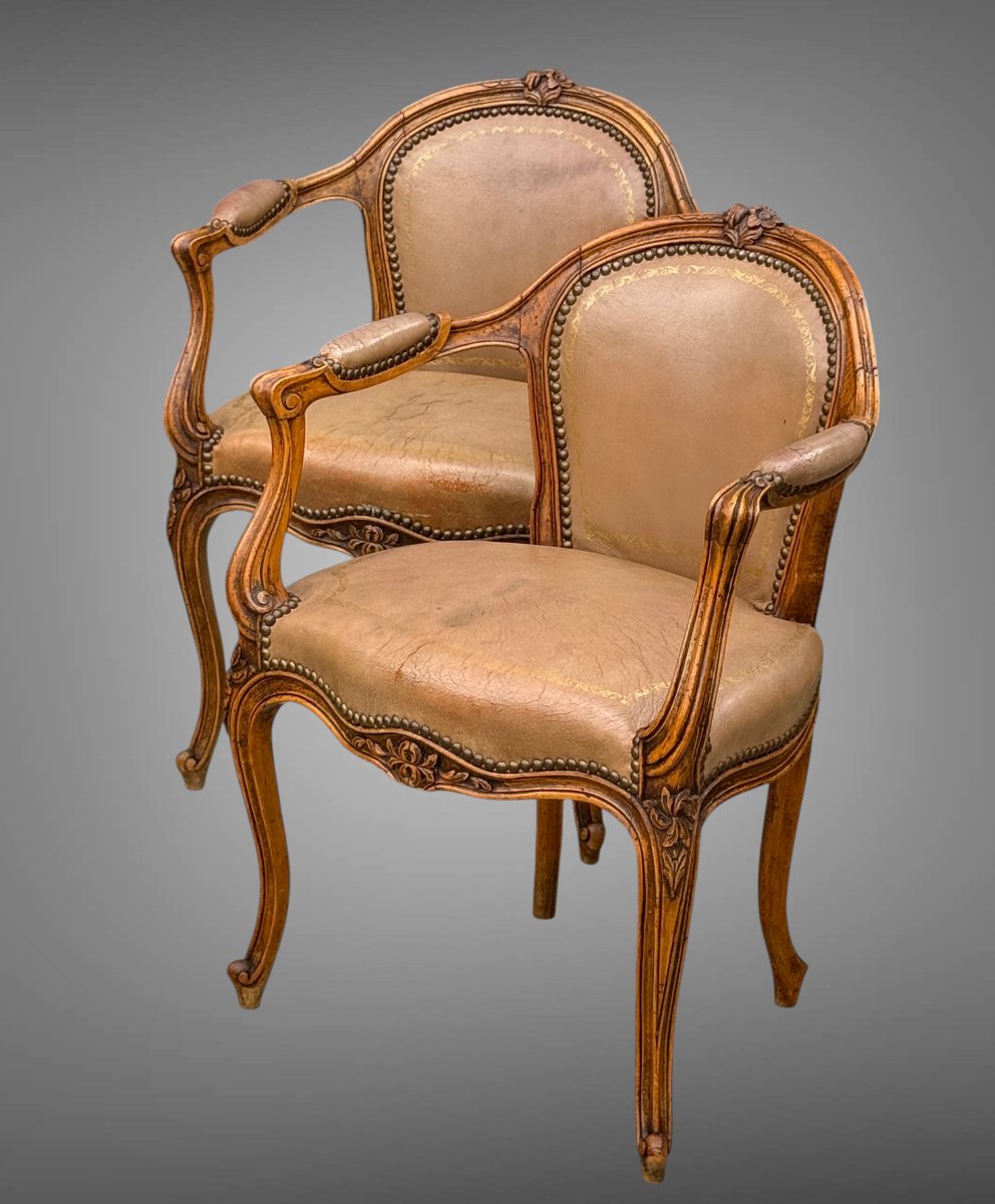 Suite Of 4 Louis XV Style Carved Walnut Armchairs Upholstered In Leather-photo-2