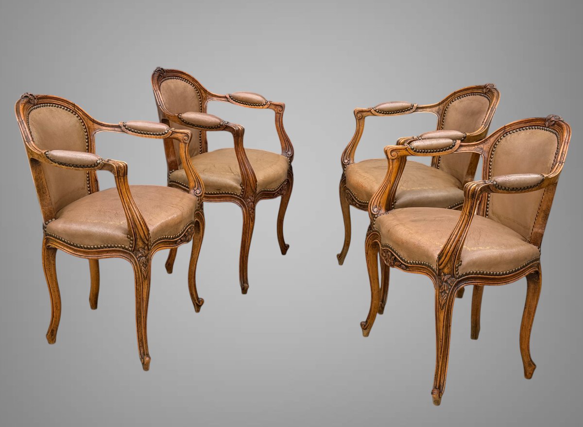 Suite Of 4 Louis XV Style Carved Walnut Armchairs Upholstered In Leather-photo-3