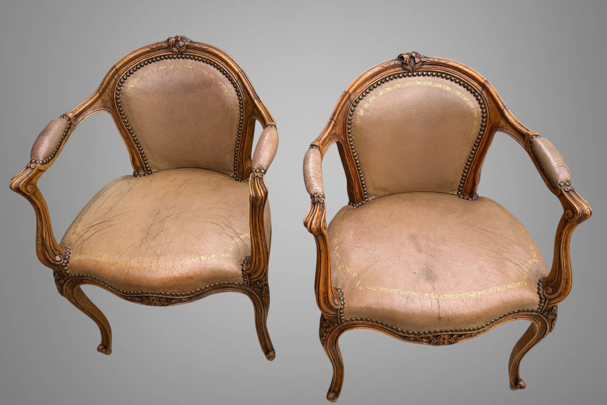 Suite Of 4 Louis XV Style Carved Walnut Armchairs Upholstered In Leather-photo-4