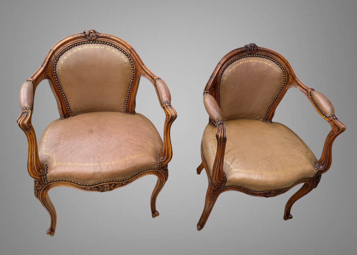 Suite Of 4 Louis XV Style Carved Walnut Armchairs Upholstered In Leather-photo-5