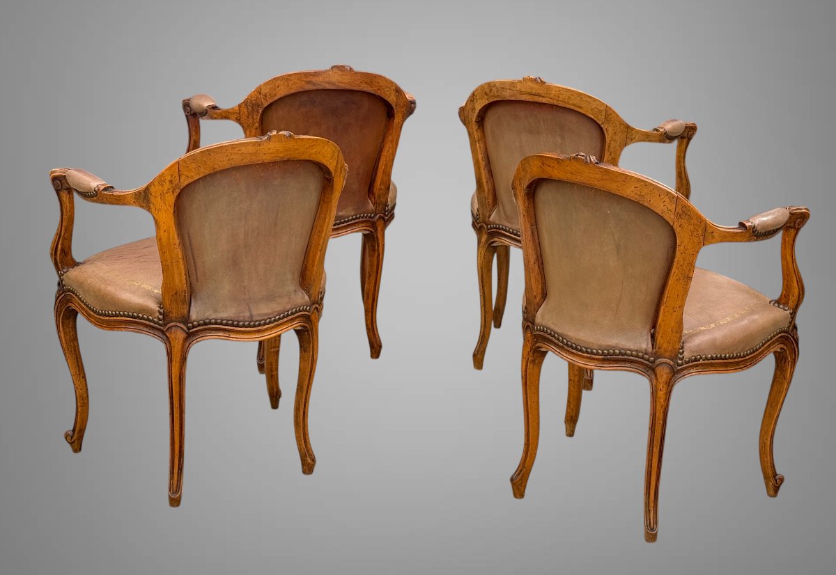 Suite Of 4 Louis XV Style Carved Walnut Armchairs Upholstered In Leather-photo-6