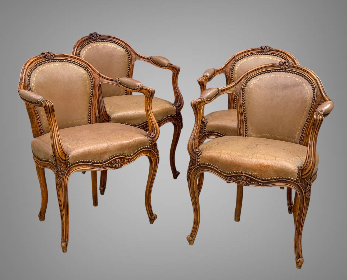 Suite Of 4 Louis XV Style Carved Walnut Armchairs Upholstered In Leather-photo-7