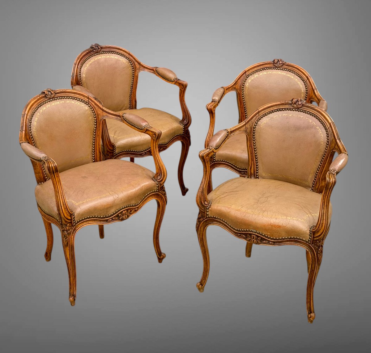 Suite Of 4 Louis XV Style Carved Walnut Armchairs Upholstered In Leather-photo-8