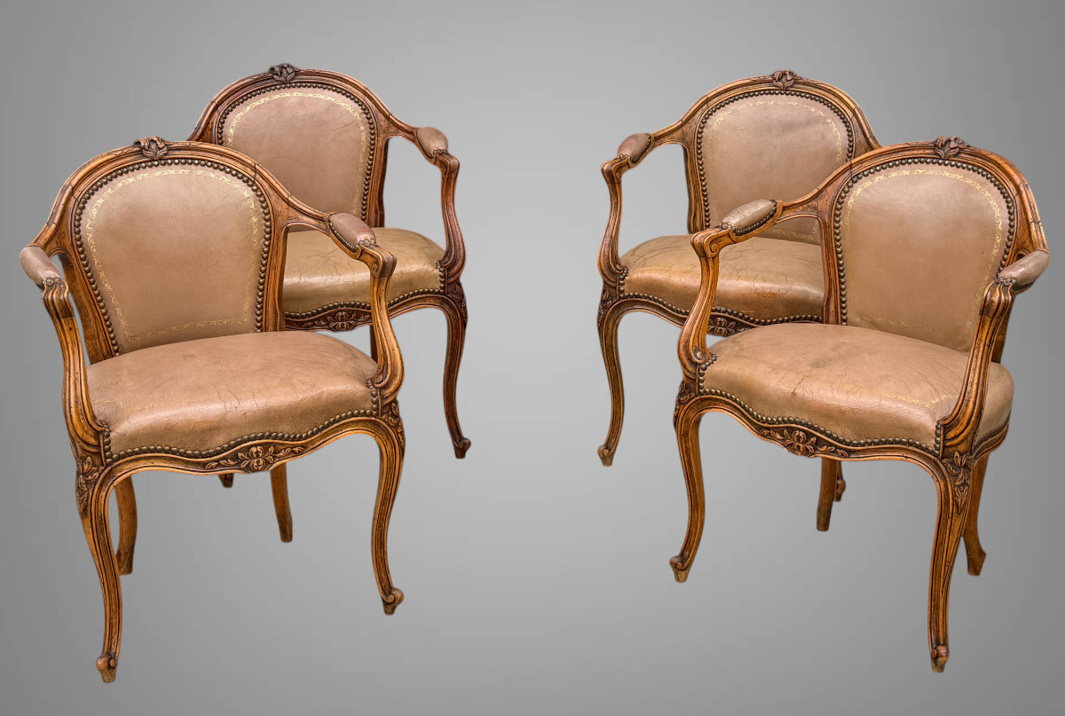 Suite Of 4 Louis XV Style Carved Walnut Armchairs Upholstered In Leather