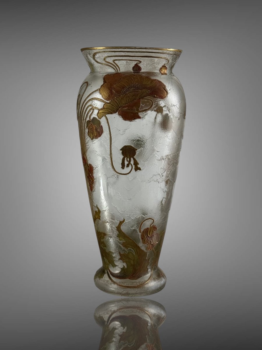 Frosted Glass Vase Signed Montjoye Gilded Art Nouveau Décor With Poppy Design-photo-2