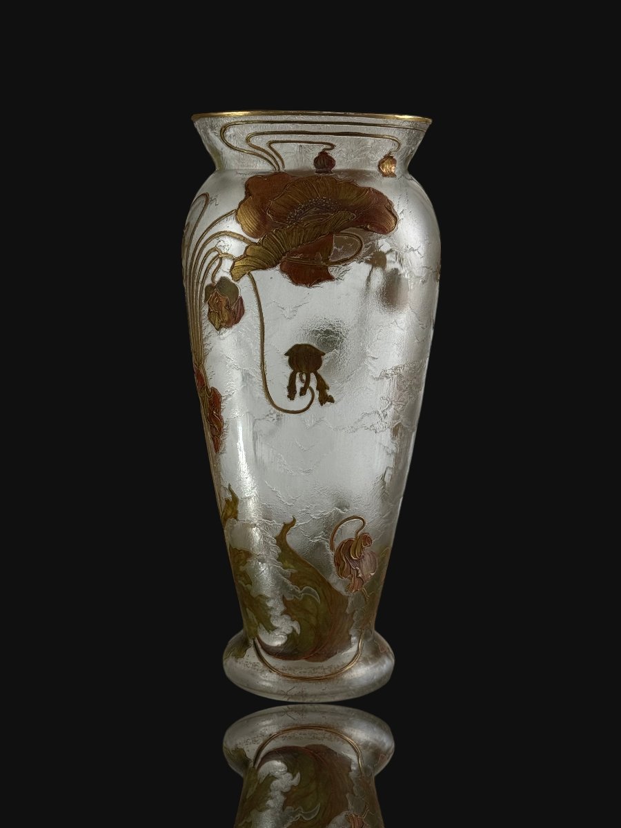 Frosted Glass Vase Signed Montjoye Gilded Art Nouveau Décor With Poppy Design-photo-3