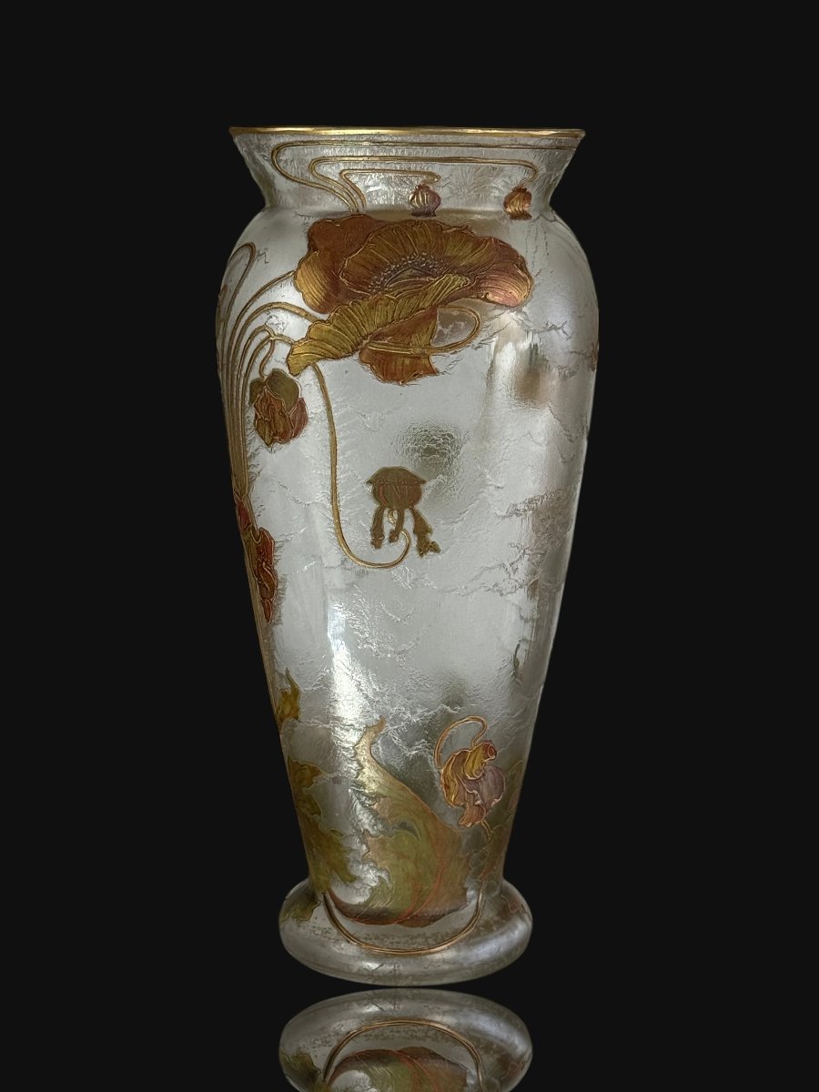 Frosted Glass Vase Signed Montjoye Gilded Art Nouveau Décor With Poppy Design-photo-4
