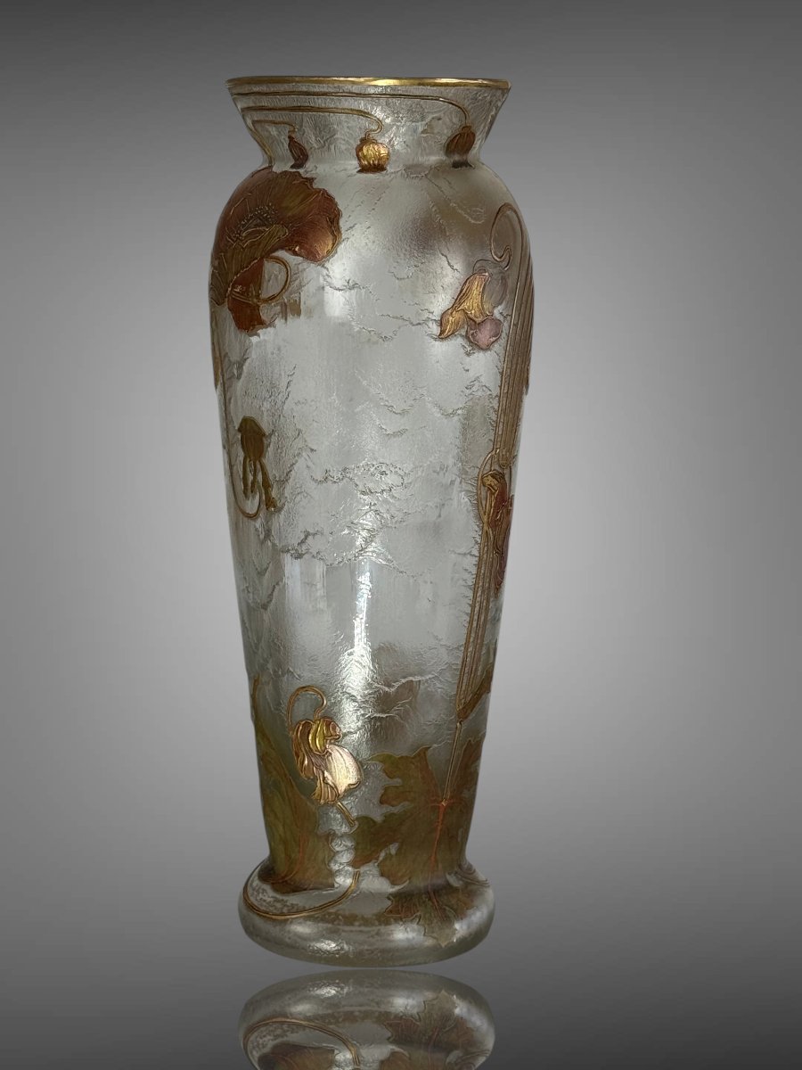Frosted Glass Vase Signed Montjoye Gilded Art Nouveau Décor With Poppy Design-photo-2