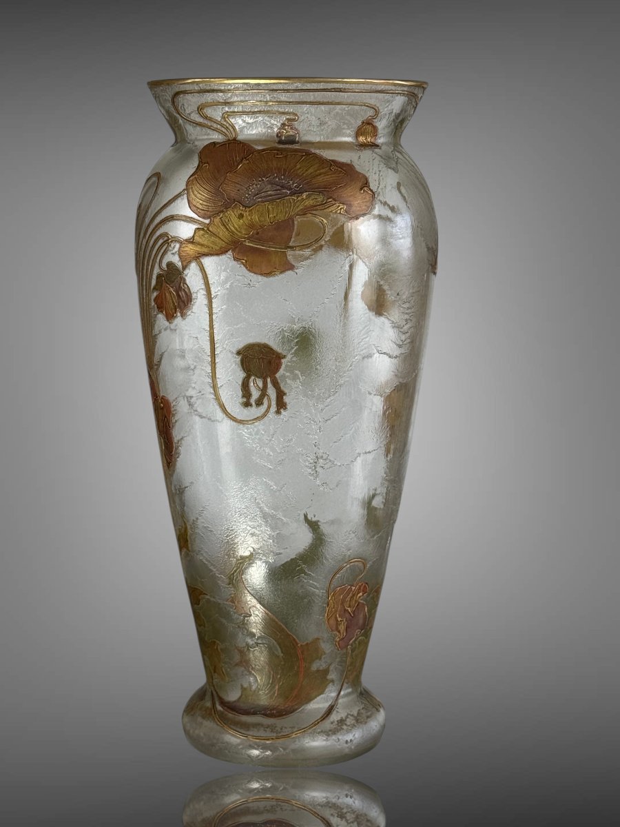 Frosted Glass Vase Signed Montjoye Gilded Art Nouveau Décor With Poppy Design-photo-3