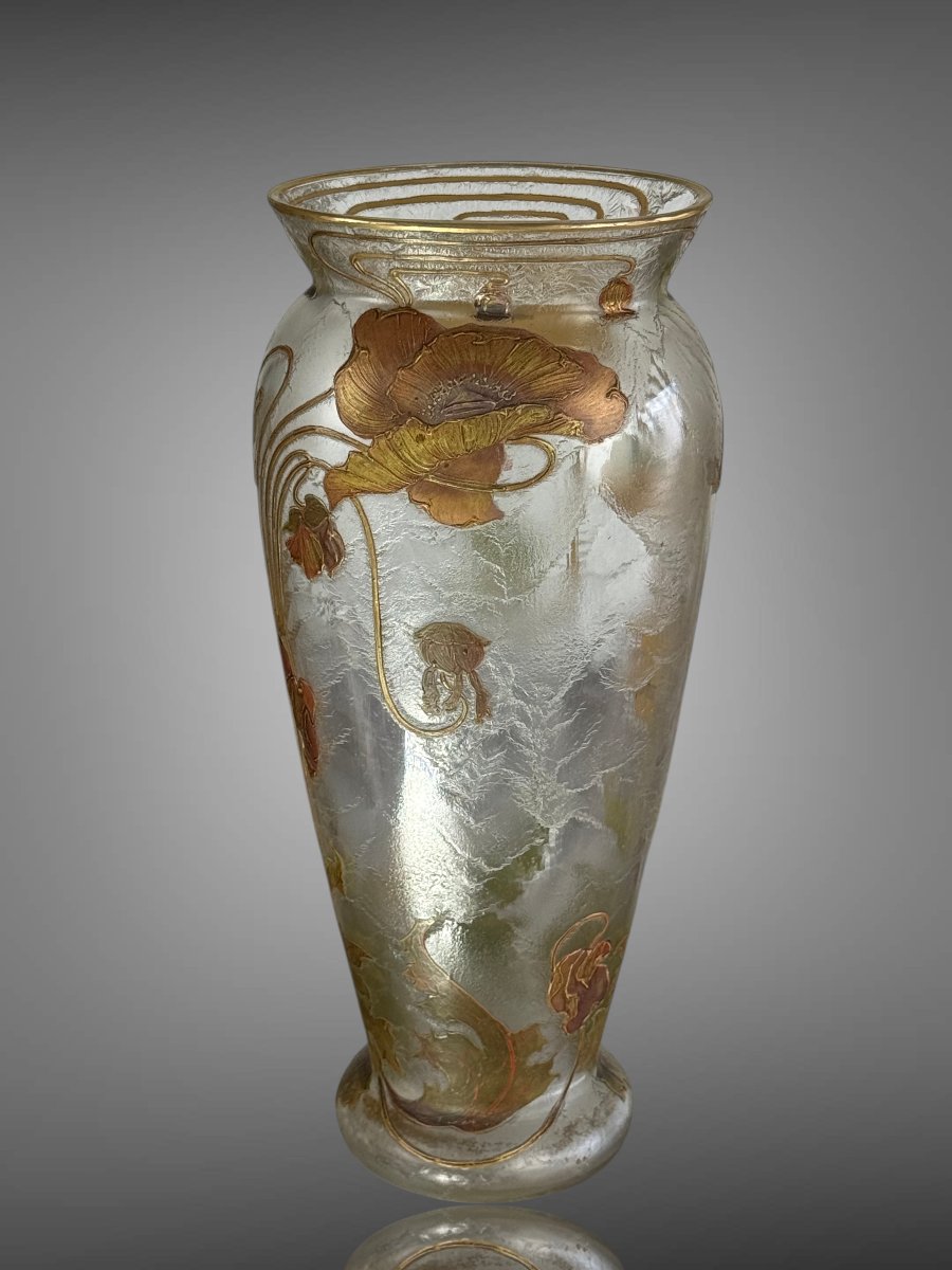 Frosted Glass Vase Signed Montjoye Gilded Art Nouveau Décor With Poppy Design-photo-6