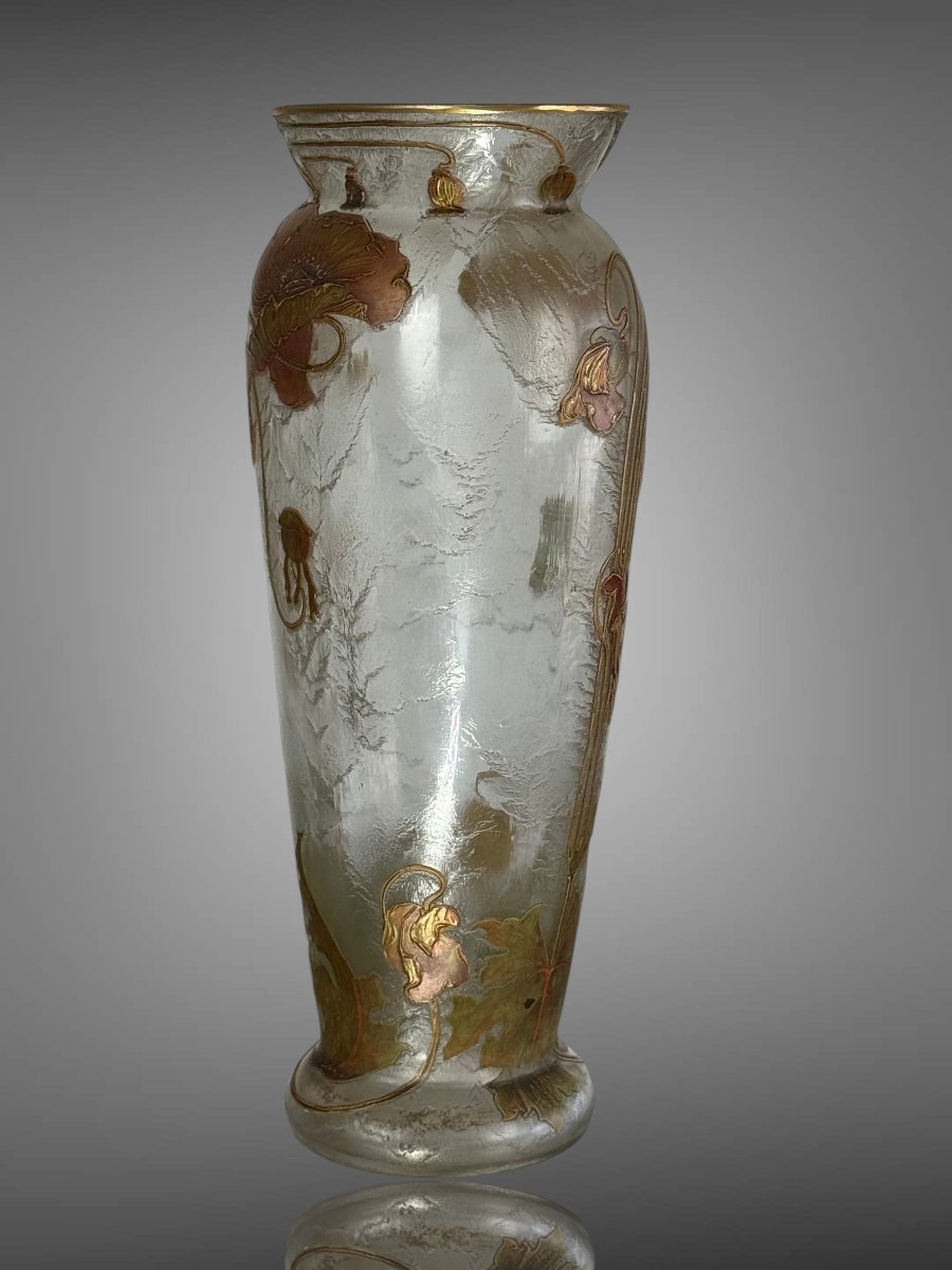 Frosted Glass Vase Signed Montjoye Gilded Art Nouveau Décor With Poppy Design-photo-7