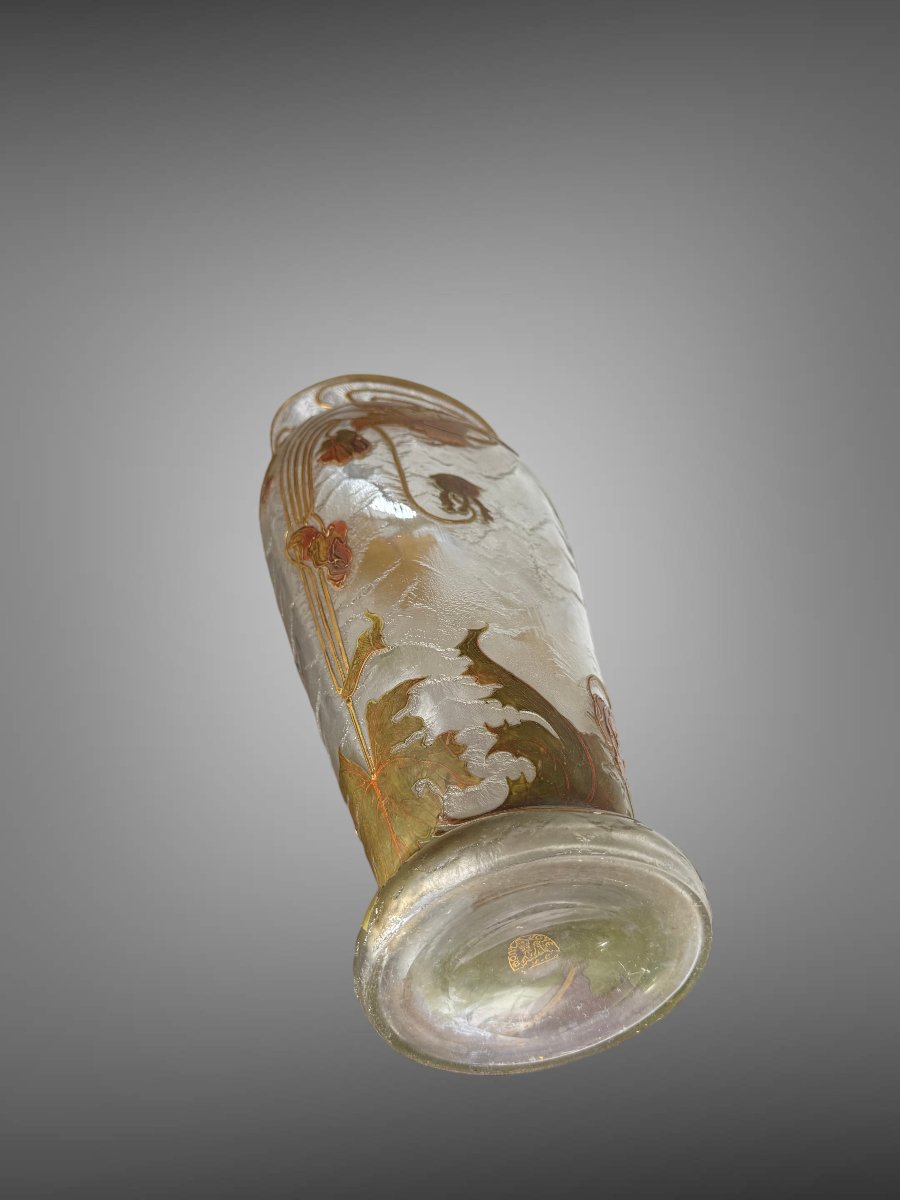 Frosted Glass Vase Signed Montjoye Gilded Art Nouveau Décor With Poppy Design-photo-8