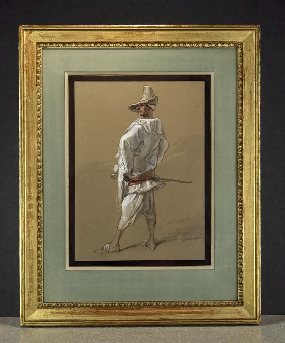 Watercolor Drawing Under Glass Signed By Paul Gavarni 1804/1866 Capitaine Fracasse-photo-2