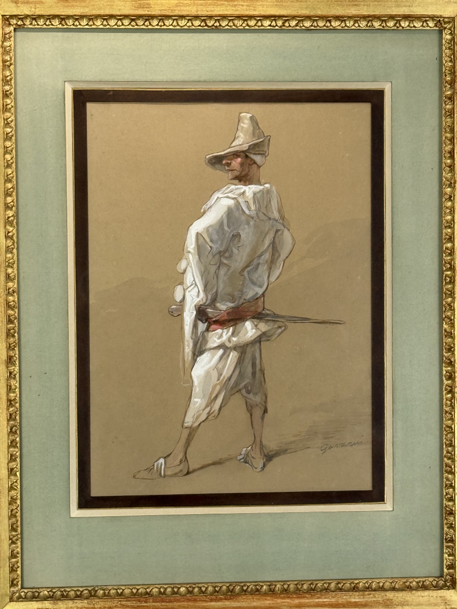 Watercolor Drawing Under Glass Signed By Paul Gavarni 1804/1866 Capitaine Fracasse-photo-4