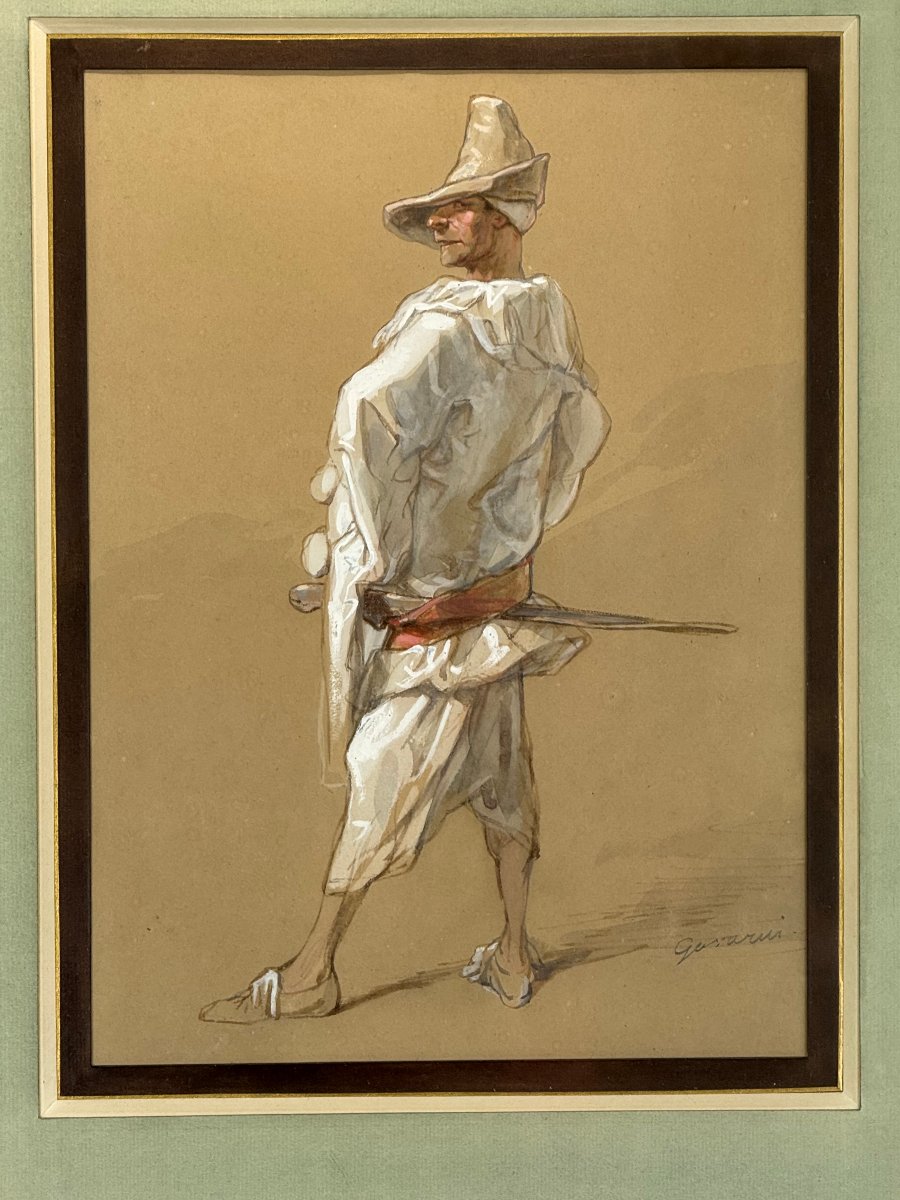 Watercolor Drawing Under Glass Signed By Paul Gavarni 1804/1866 Capitaine Fracasse-photo-1