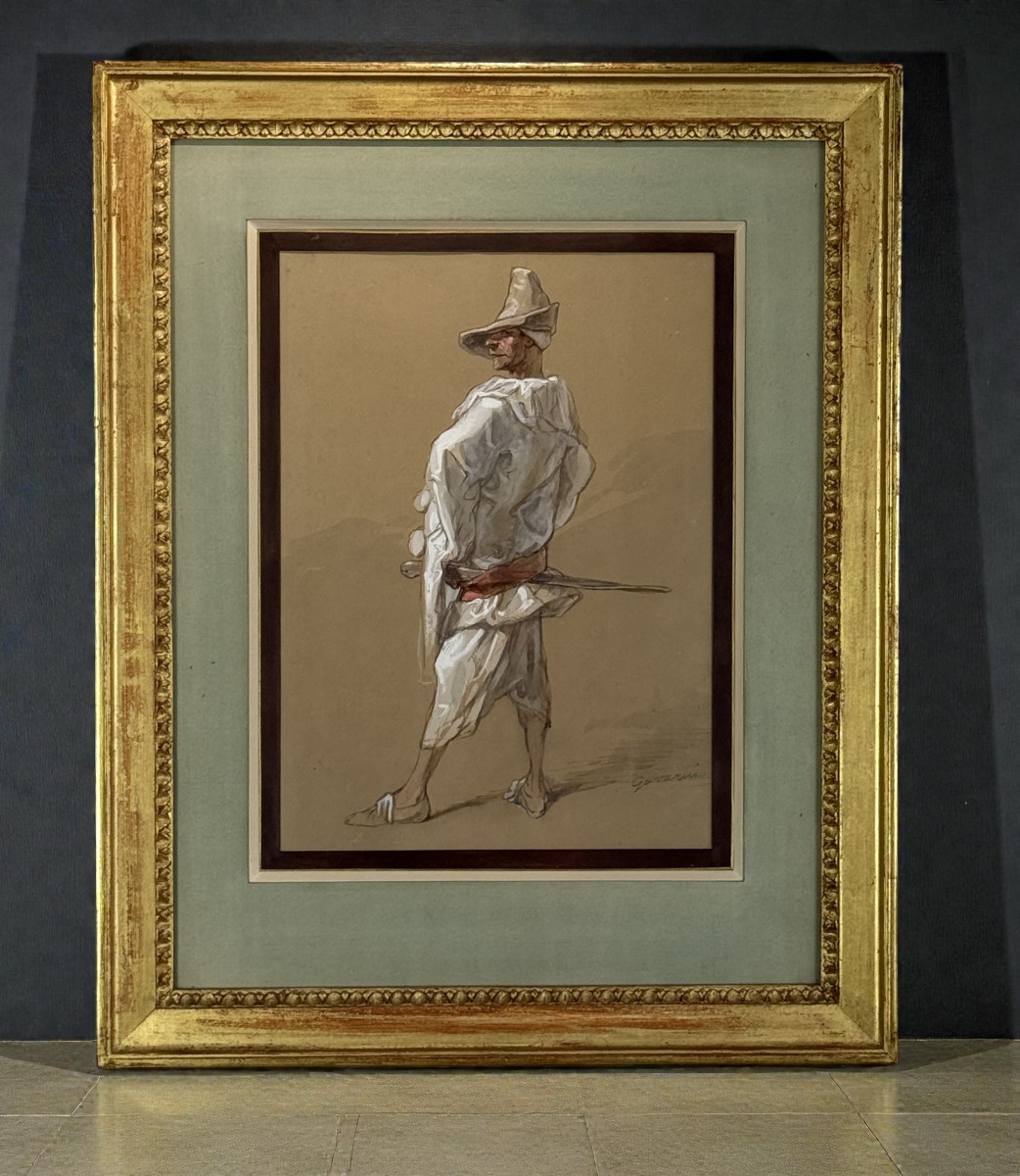 Watercolor Drawing Under Glass Signed By Paul Gavarni 1804/1866 Capitaine Fracasse