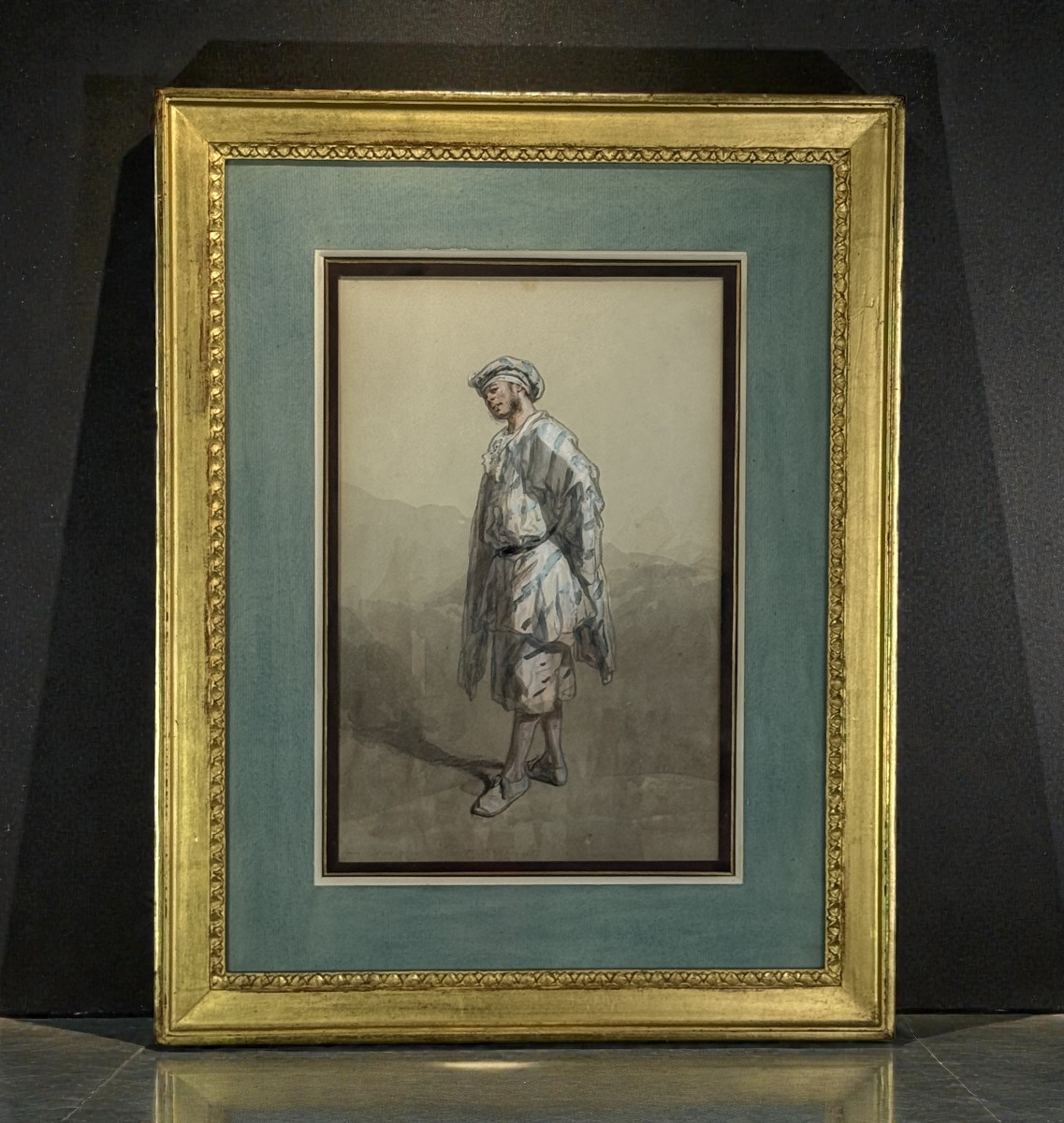 DESSIN AQUARELLE SOUS VERRE SIGNÉ DE PAUL GAVARNI 1804/1866 " LE PIERROT "-photo-2