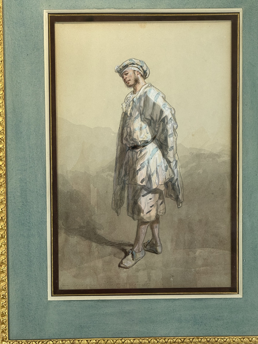 DESSIN AQUARELLE SOUS VERRE SIGNÉ DE PAUL GAVARNI 1804/1866 " LE PIERROT "-photo-3