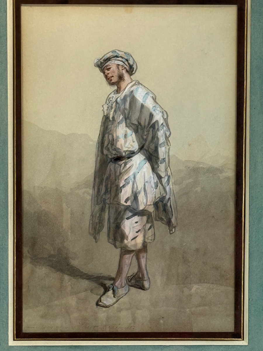 DESSIN AQUARELLE SOUS VERRE SIGNÉ DE PAUL GAVARNI 1804/1866 " LE PIERROT "-photo-4