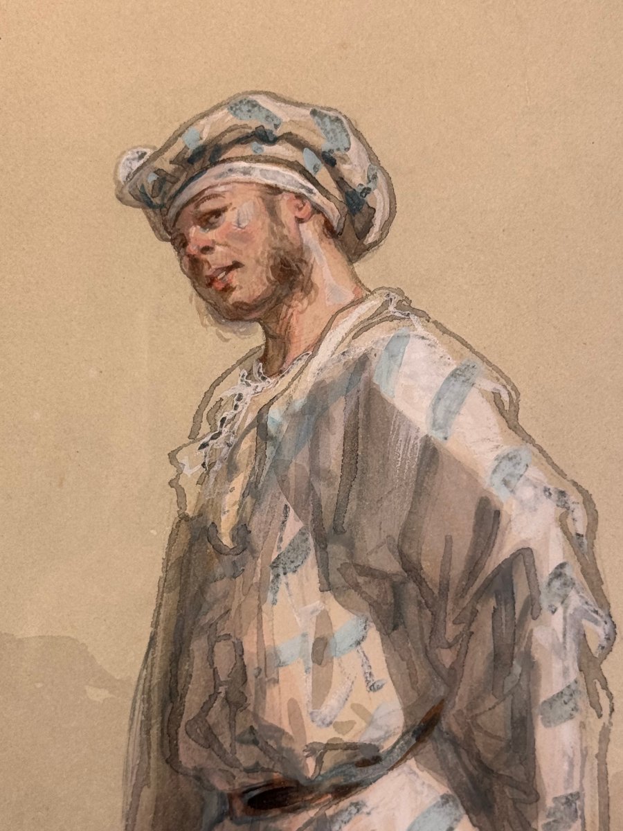 DESSIN AQUARELLE SOUS VERRE SIGNÉ DE PAUL GAVARNI 1804/1866 " LE PIERROT "-photo-3