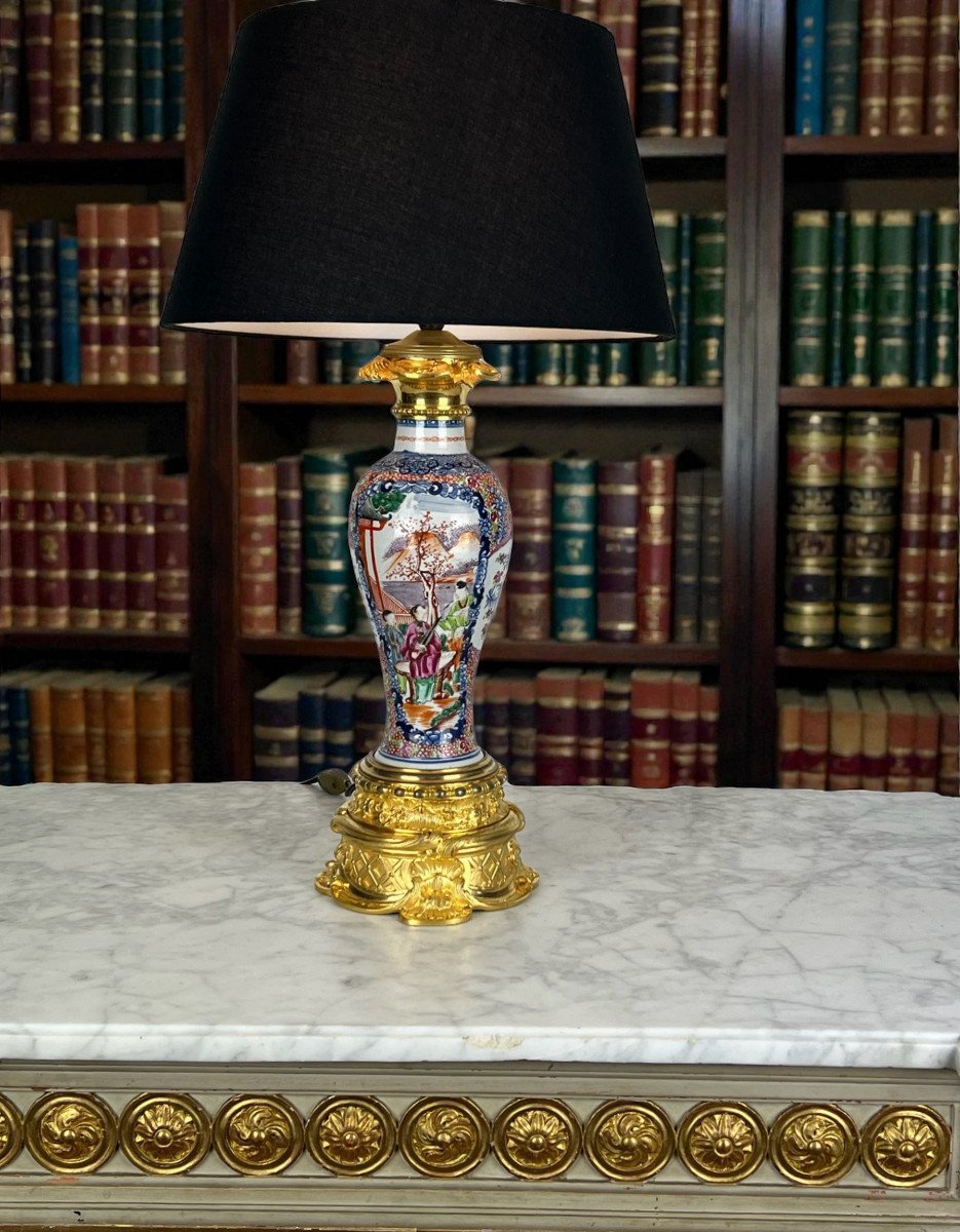 19th Century Chinese Lamp In Polychrome Porcelain Golden Bronze-photo-2