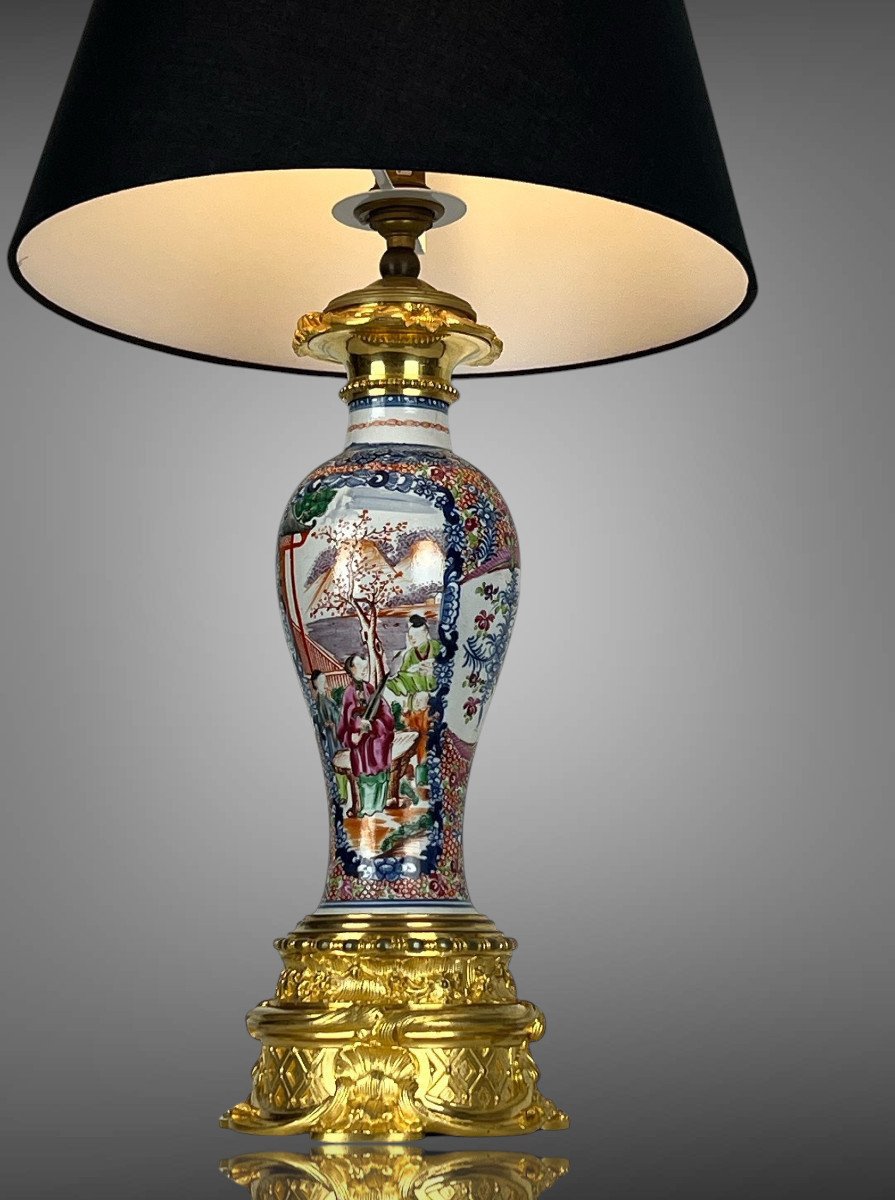 19th Century Chinese Lamp In Polychrome Porcelain Golden Bronze-photo-3