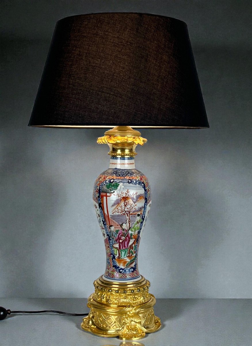 19th Century Chinese Lamp In Polychrome Porcelain Golden Bronze-photo-4
