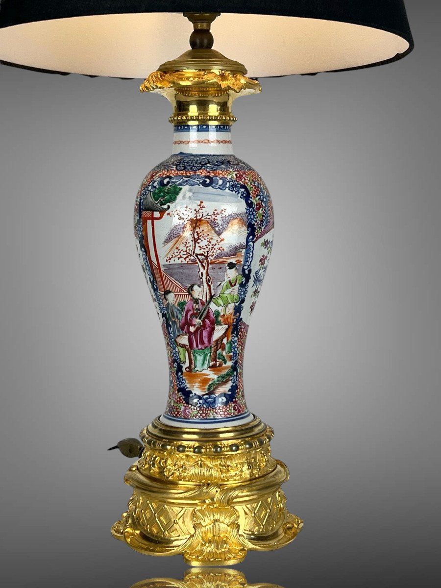 19th Century Chinese Lamp In Polychrome Porcelain Golden Bronze-photo-3