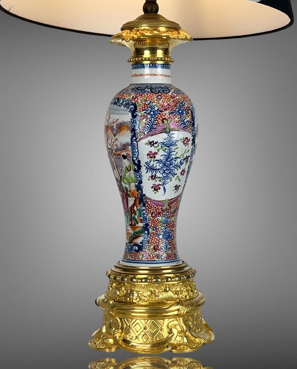 19th Century Chinese Lamp In Polychrome Porcelain Golden Bronze-photo-4