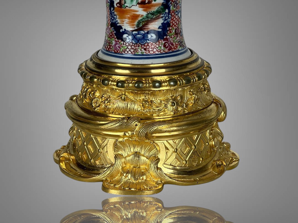 19th Century Chinese Lamp In Polychrome Porcelain Golden Bronze-photo-5