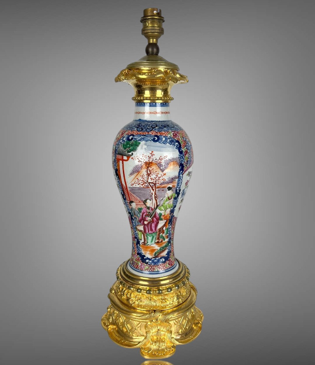 19th Century Chinese Lamp In Polychrome Porcelain Golden Bronze-photo-6