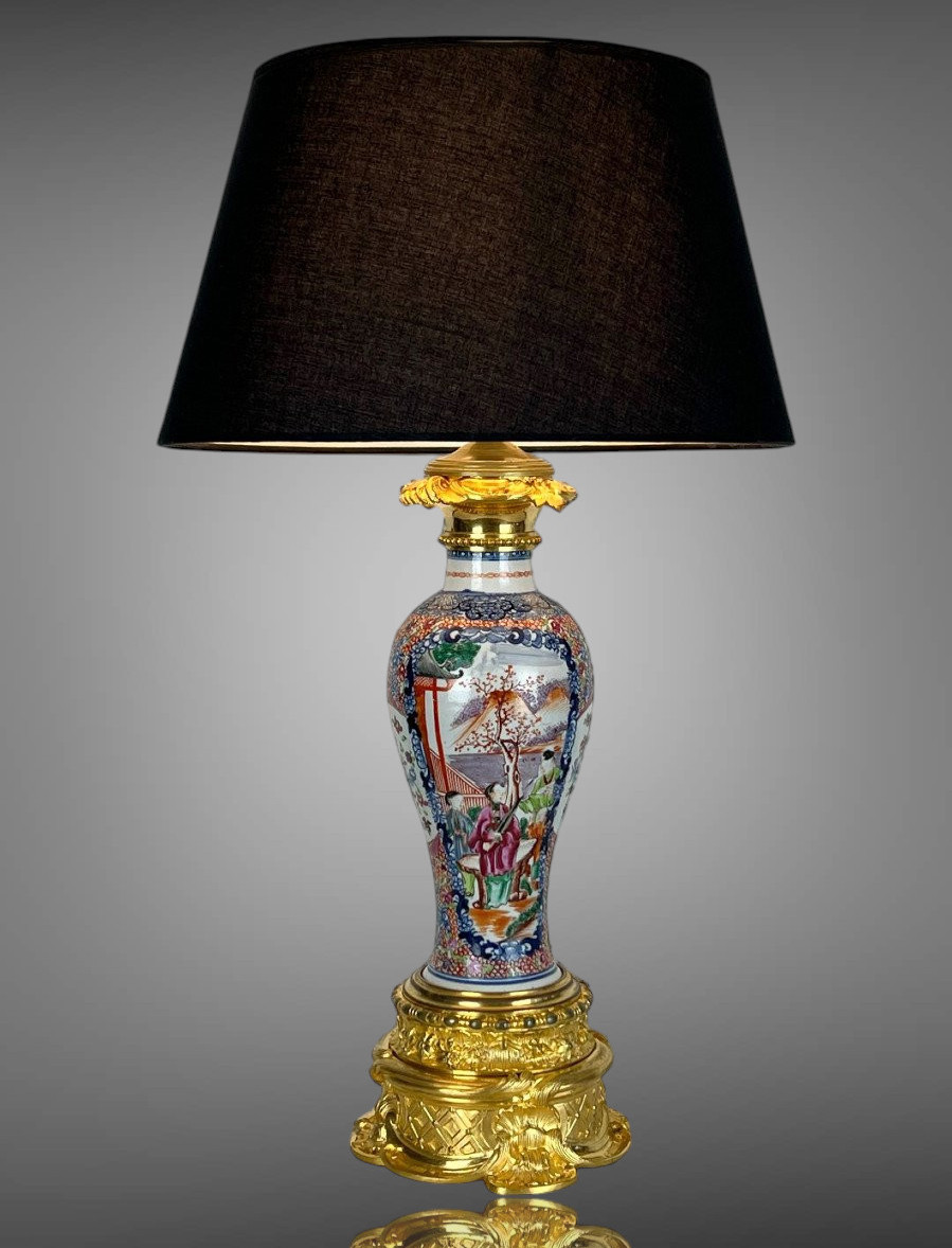 19th Century Chinese Lamp In Polychrome Porcelain Golden Bronze