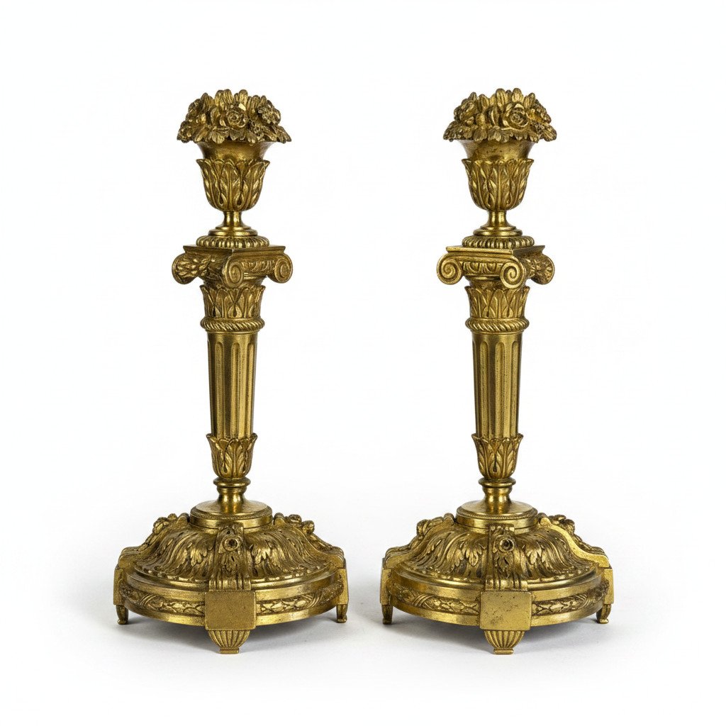 PAIRE DE BOUGEOIRS EN BRONZE DORÉ FINEMENT CISELÉ DU XIXe DE STYLE EMPIRE-photo-2